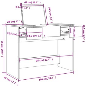 Toucador com espelho 100x45x76 cm cinzento sonoma