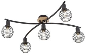 Candeeiro de teto design preto com madeira 5 luzes - Winsten Industrial