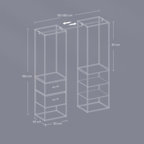 Guarda roupa aberto com 2 gavetas 40 x (150-180) x 180 cm Preto