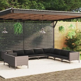 vidaXL 10 pcs conj. lounge jardim c/ almofadões vime PE cinza-escuro