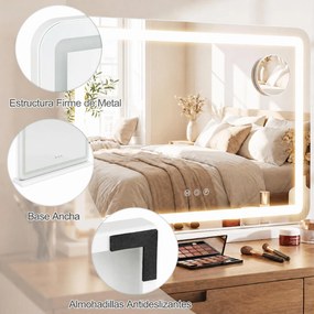 Espelho de Maquilhagem com Luz LED, 58 x 10 x 45 cm, Lupa de 10 Aumentos, Branco
