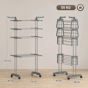 Estendal de roupa dobrável de 5 níveis com rodas 73 (L) x 64 (P) x 172 (A) cm, estendal de interior com abas laterais, estrutura em aço, cinzento