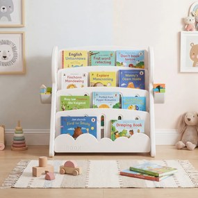 Estante infantil 92 x 42 x 79 cm de 4 níveis com caixas de armazenamento e prateleira reversível Organizador para livros cinza e branco