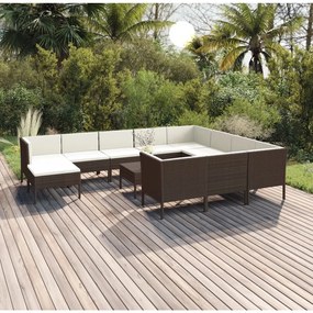 vidaXL 12 pcs conjunto lounge jardim c/ almofadões vime PE castanho