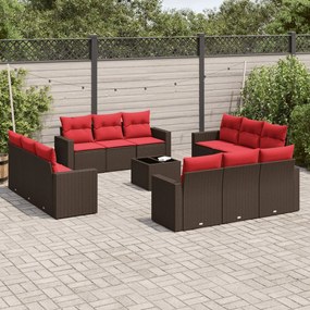vidaXL 13 pcs conjunto sofás p/ jardim c/ almofadões vime PE castanho