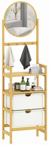 HOMCOM Estante de Casa de Banho em Bambu com Espelho Estante de Arrumação com 4 Ganchos 2 Prateleiras Abertas e 2 Gavetas de Tecido para Cozinha Casa de Banho Sala de Estar 48,5x30x170 cm Madeira