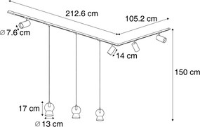 Sistema de calhas moderno preto com 4 focos e 3 candeeiros pendentes brancos monofásico - Iconic Bell Jeana Luxe