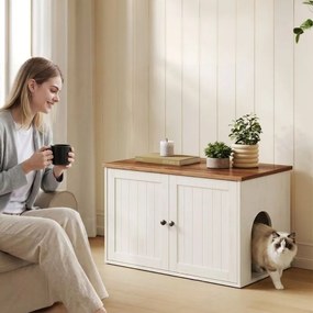 Móvel para caixa de areia 80 x 50 x 50 cm com portas de abertura por pressão e casinha para gatos Branco vintage - Castanho mel