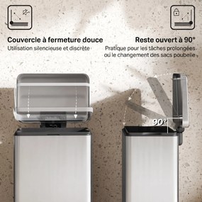 Caixote do lixo de cozinha de 20 L em aço inoxidável 34,2 x 30,6 x 44,2 cm, caixote do lixo com pedal, tampa com fecho suave, prateado