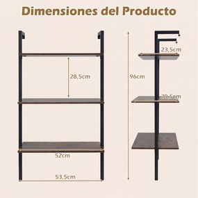 Estante flutuante 53,5 x 29,5 x 96 cm de 3 níveis em forma de escada, com estrutura preta e painéis industriais, para casa de banho, cozinha ou sala d
