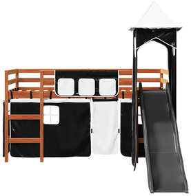 Cama alta criança c/ torre 90x190 cm pinho maciço branco/preto