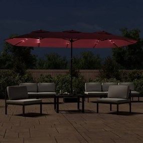 Guarda-sol de jardim c/ cabeça dupla/luzes LED 449x245 cm bordô
