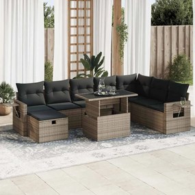 9 pcs conjunto sofás p/ jardim com almofadões vime PE cinzento