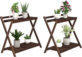 Conjunto de 2 suportes para plantas de interior com 2 níveis 73 x 36 x 64 cm, , prateleiras para plantas e suporte traseiro, castanhos