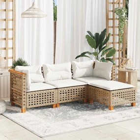 4 pcs conjunto de sofás para jardim c/ almofadões vime PE bege