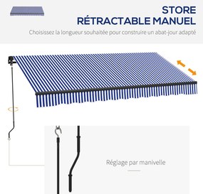 Toldo manual retrátil para varanda 295 L x 247 L cm, com inclinação ajustável, manivela, estrutura em alumínio e tecido de poliéster azul e branco