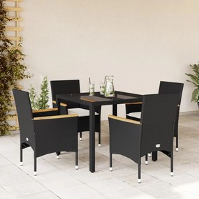 vidaXL 5 pcs conjunto jantar jardim c/almofadões vime PE/vidro preto