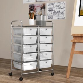Carrinho móvel multiusos com 10 gavetas organizador multiusos com rodas 65,5 x 37 x 87 cm - transparente