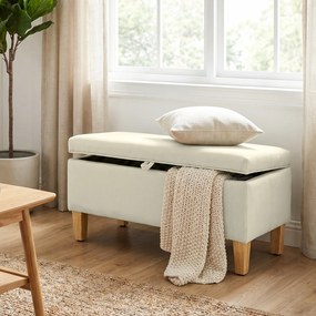 Banco de arrumação 71x37x36 cm, apoio de cama, apoio para os pés almofadado em linho com pés em madeira de borracha, bege