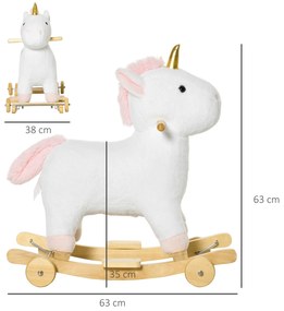 Baloiço Infantil em Forma de Unicornio para Crianças acima de 3 Anos Baloiço 2 em 1 com Rodas e Sons 45kg 63x38x63cm Branco