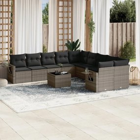 11 pcs conjunto sofás de jardim c/ almofadões vime PE cinzento