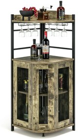 Garrafeira de canto com suporte para copos de vidro Portas em rede metálica Estante ajustável Armário para vinhos ajustável para cozinha Sala de janta