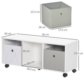 Móvel para Brinquedos com 5 Rodas Organizador de Brinquedos de Madeira com 3 Cubos de Armazenamento e 2 Gavetas de Tecido Removíveis Móvel Infantil 90