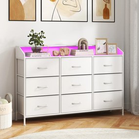 Cómoda para quarto com luzes LED 126 x 29 x 84 cm, base de carregamento, 9 gavetas em tecido e Estrutura metálica para televisores até 58", branca