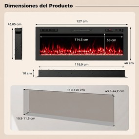 Lareira Elétrica de Encastrar, 127 x 10 x 46 cm, Efeito de Chama Multicolor, Preto