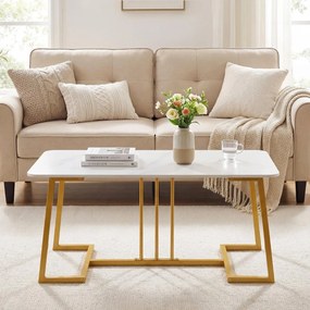 Mesa centro com tampo em pedra Sierra Nevada estilo mármore e estrutura dourada, 90 x 50 x 41,5 cm Branco + Dourado