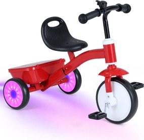 Triciclo para crianças com rodas luminosas, assento ajustável em 4 níveis, compartimento e pedais removíveis, para 3-5 anos, vermelho