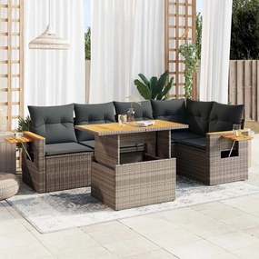 6 pcs conjunto sofás jardim com almofadões PE/acácia cinzento