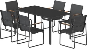 Conjunto de sala de jantar de jardim de 7 peças para 6 pessoas, mesa de vidro e cadeiras com braços decorativos, malha resistente às intempéries, pret
