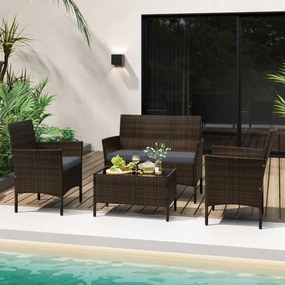 Conjunto de jardim, 4 peças: mobiliário de exterior com cadeira, sofá de 2 lugares e mesa de vidro temperado Castanho misto e almofadas Cinzentas