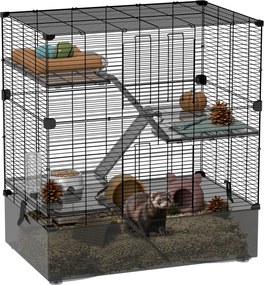 Gaiola para Pequenos Animais de 4 Níveis com Bandeja Inferior Gaiola para Roedores com Rampas Comedouro e Bebedouro 73x47x80 cm Preto