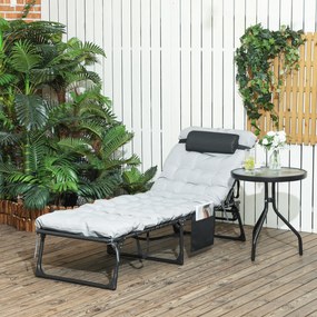 Espreguiçadeira dobrável com almofada, apoio para a cabeça e bolso lateral, reclinável, 58 x 189 x 32,5 cm, cinzento claro