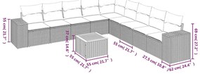 10 pcs conjunto sofás de jardim c/ almofadões vime PE preto