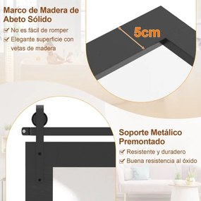 Espelho de parede estilo rústico 100 x 66 cm, retangular, com porta tipo celeiro, moldura em madeira maciça e suporte metálico, para quarto ou entrada