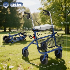 Andador 4 rodas dobrável, rollator em aço inoxidável, assento acolchoado em PU, pega regulável, azul