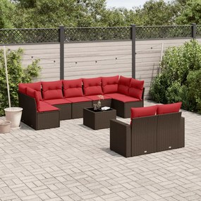 vidaXL 10 pcs conj. sofás jardim com almofadões vime PE castanho