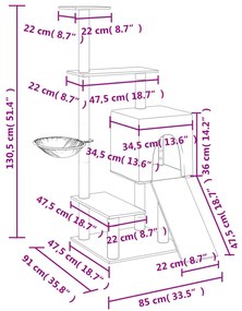 Árvore gatos c/ postes arranhadores sisal 130,5 cm cinza-claro