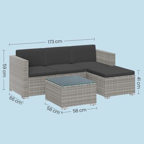Conjunto de jardim, mobiliário de pátio em Polyrattan, mobiliário de varanda com almofadas e mesa de vidro Cinzento