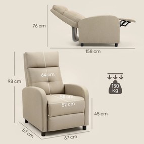 Poltrona Relax Reclinável até 155° Poltrona Reclinável Manual para Pessoas com Altura Inferior 195 cm 67x87x98 cm Bege