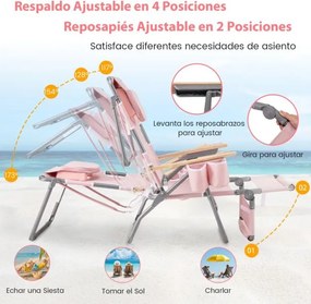 Cadeira de praia dobrável 3 em 1 com orifício para o rosto, apoio para os pés, encosto reclinável e transportável para apanhar sol, Rosa