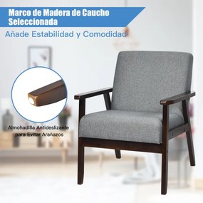 Poltrona Sofá Individual Feito de Madeira Revestido em Tecido Cadeira Ergonômica com Almofada para Sala Mesa Varanda 64 cm x 70 cm x 79 cm Cinzento