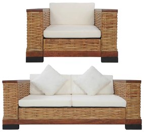 2 pcs conjunto de sofás com almofadões vime natural castanho