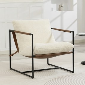 Poltrona de sala  77x91x80 cm, estofada em tecido bouclé, assento largo e estrutura em aço,, creme