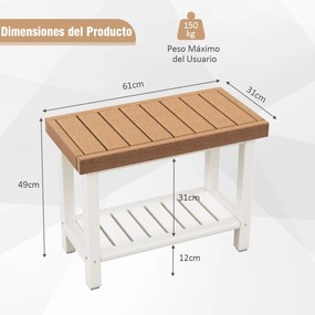 Banco de casa de banho com prateleira de armazenamento banco de chuveiro à prova d'água 61 x 31 x 49 cm castanho e branco