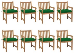Cadeiras de jardim c/ almofadões verdes 8 pcs teca maciça