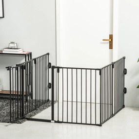 Barreira de Segurança para Animais Dobrável e Modulável, 362,5 x 2 x 76 cm, 6 Painéis com Porta, Preto